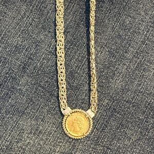 SALE🎉ELEGANT ITALIAN GOLD COIN PENDANT ON STERLING SILVER  BYZANTINE NECKLACE